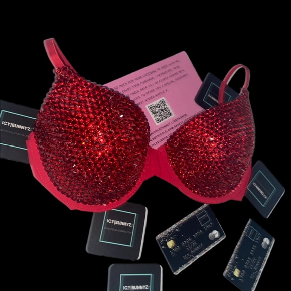 Crystal Rhinestone Classic Siam Red Glam Bling Bra Top All Sizes New - Picture 3 of 13